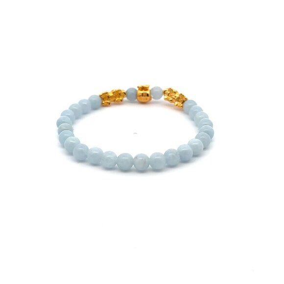 18K Gold Pixiu Piyao Money Bag Charm Bracelet Birthstone Gemstone Aquamarine 6mm - Picture 2 of 4